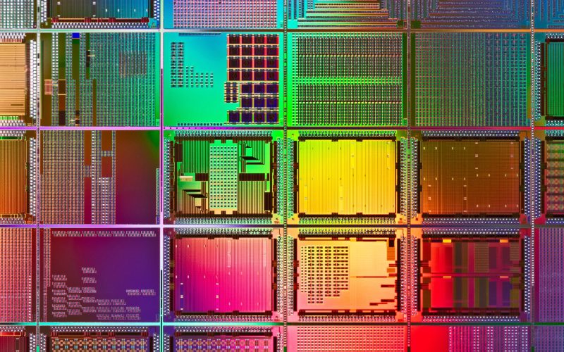 Multi Colored Computer Silicon Wafer Extreme Close-up Shot.