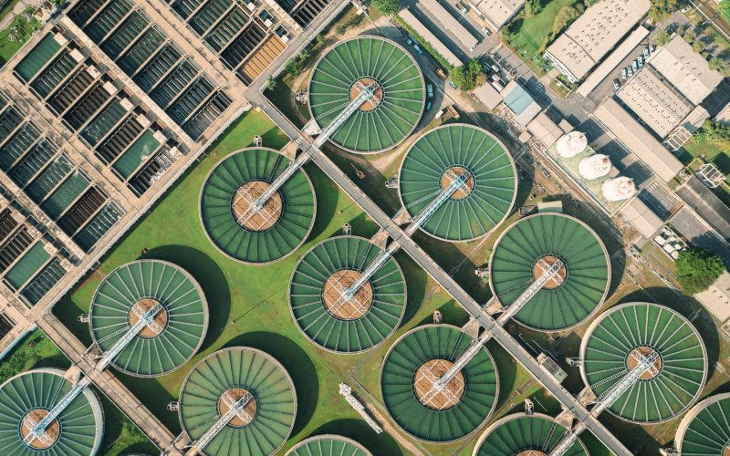 Aerial top view Water Treatment Plant for Purify Water or Environment Conservation.